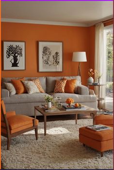 an orange and gray living room with two pictures on the wall above the couches