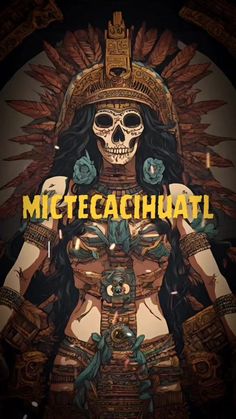 a poster with the words miccachuat on it and a woman in an elaborate headdress