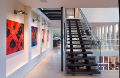 Los Angeles modern loft floating stairs & home art gallery in light filled space. Modern House Artwork, Staircase Interiors, House Artwork, Stair Art, Gallery House