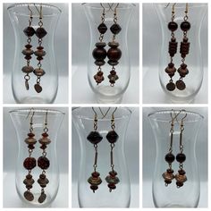 "Fun, funky and fantabulous.  The perfect earrings to accent that special outfit and the perfect accessory. Made with antique cooper beads, glass beads, wood beads with gold fish hoop ear wires. ROW ONE ACROSS LEFT TO RIGHT: #1   Dangle 3 1/2\" long #2   Dangle  4\" long #3   Dangle  4 1/4\" long ROW TWO ACROSS:  #1   Dangle 4 1/4\" long #2   Dangle  3\"long #3   Dangle 3\" long" Wooden Beads Round Beaded Earrings As Gift, Gift Wooden Beaded Round Earrings, Unique Brown Beaded Dangling Earrings, Brown Round Bead Earrings For The Beach, Adjustable Brown Beaded Earrings With Large Beads, Brown Round Beads Earrings For Beach, Brown Round Beaded Earrings For Beach, Brown Beaded Earrings For Beach, Handmade Brown Metal Bead Jewelry