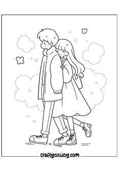 a man and woman are walking together coloring page