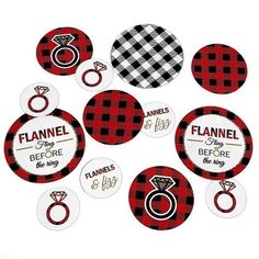 red and black flannel buttons with wedding rings on them