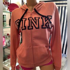 Victoria’s Secret Pink Full Zip Pink Hoodie Sporty Orange Hooded Top, Orange Hooded Sporty Top, Sporty Orange Hoodie For Fall, Orange Sweatshirt For Sports In Fall, Orange Fall Sports Sweatshirt, Orange Sweatshirt For Fall Sports, Casual Orange Hoodie Outerwear, Casual Orange Hoodie, Casual Orange Hoodie With Letter Print