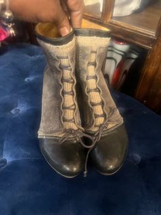 Gold button boots at it's finest!! Super cute!! Black leather and gray suede. Impeccable quality. Women size 9.5. Side zipper, . This boot is beautiful!! Luxury Suede Lace-up Boots With Round Toe, Tall Lace Up Boots, Embroidered Shoes, Funky Shoes, Stunning Shoes, Gray Suede, Swag Shoes, Cool Boots, Suede Boots