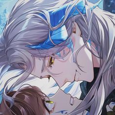 two anime characters one is kissing the other has long white hair and glasses on his head