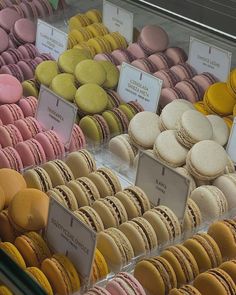 a display case filled with lots of different colored macaroons