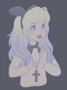 a drawing of a woman with blue hair holding a cross in her right hand and wearing a black bow tie