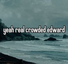 the words yeah real crowded edward are in front of an ocean and rocky shore with waves