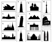 the silhouettes of different buildings are shown in black and white, with numbers on each side