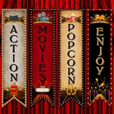 three movie themed banners on a red curtain