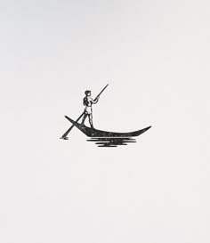 a drawing of a man in a boat on the water with a pole and oar