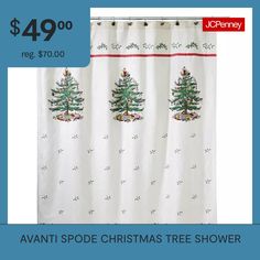 a white shower curtain with a christmas tree on it and the words, $ 4 99 reg