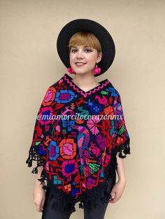 Beautiful poncho hand-woven in a backstrap loom and cross stitch hand-embroidered Color: Black, Multicolor embroidery Fits ONE SIZE Mexican Girl Aesthetic, Mexican Shawl, Multicolor Embroidery, Embroidered Cape, Evening Wrap, Evening Wraps, Backstrap Loom, Mexican Outfit, Ladies Poncho