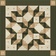 a green and white quilt with an intricate design on the front, along with two rows of squares