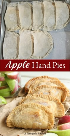 apple hand pies on a baking sheet with apples in the background and text overlay