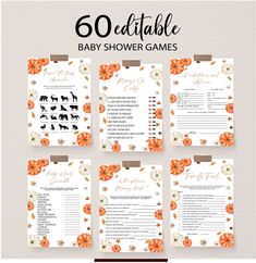 the baby shower game is shown with orange flowers