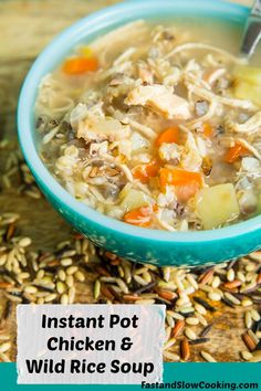 instant pot chicken and wild rice soup in a blue bowl with a spoon on top