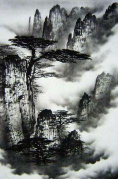 an ink painting of mountains and trees in the clouds, with one tree on top