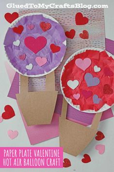 paper plate valentine hot air balloon craft with hearts on the top and bottom for kids to make