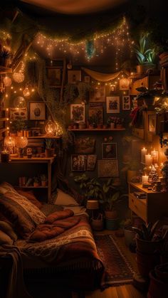 a room filled with lots of lights and pictures on the wall next to a bed