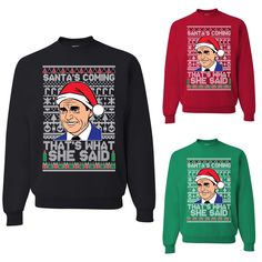 Santa’s Coming That’s What She Said Crewneck Sweatshirt The Office Michael Scott Ugly Christmas Sweater Brand New Sweatshirt Made To Order Colors Available Are Black, Red And Irish Green Sizes Available Are Small, Medium, Large And X-Large Size Specs Are Shown In The Second Picture It Is Recommended To Wash Inside Out And Dry On Low Heat. Most Orders Ship In 1-2 Business Days. Please Check Out My Other Listings. Holiday Graphic Print Sweater, The Office Michael Scott, Office Michael Scott, Mens Ugly Christmas Sweater, Santas Coming, Ugly Christmas Sweaters, Office Colors, Michael Scott, Sweater Brands