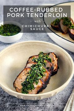 Coffee-Rubbed Pork Tenderloin with Chimichurri Sauce Pork With Chimichurri Sauce, Pork Tenderloin With Chimichurri Sauce, Steak And Chimichurri Sauce Dinner, Lamb With Chimichurri Sauce, Xylitol Recipes, Peruvian Chimichurri Sauce, Coffee Rub Recipe, Coffee Rub, Coffee Flavors