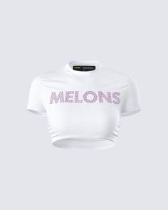 Show off the melons in this white graphic top 😜 This top, made from jersey fabric and complete with a pink “MELONS” rhinestone graphic, will have everyone craving some fruit 🍈 Skater Outfit, Boxy Crop Top, Rhinestone Top, Crop Top Designs, Black Off Shoulder, Graphic Top, White Jersey, White Rhinestone, Pocket Pants