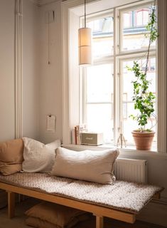 a white couch sitting under a window next to a potted plant on top of a wooden bench