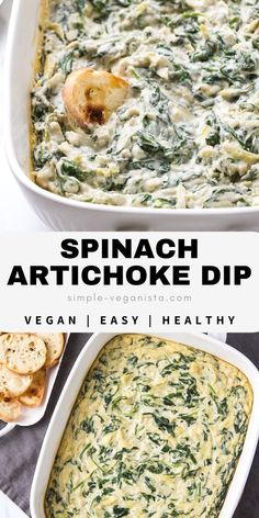 spinach artichoke dip in a white casserole dish with crackers on the side