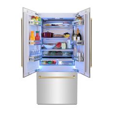 an open refrigerator with its doors wide open and food in the bottom drawer, on a white background