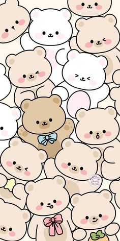 a large group of teddy bears standing in the middle of each other with faces drawn on them