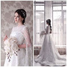 a woman in a white wedding dress holding a bouquet and wearing a bridal gown