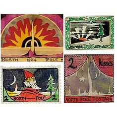 four postage stamps with different designs on them