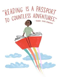 a child is flying through the air with a book in his hand and reading is a passport to countless adventures