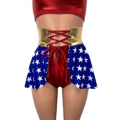 Lace-Up Corset Skirt - Wonder Woman Inspired– Peridot Clothing Fitted High Waist Skirt With Tie Waist, High Waist Fitted Skirt With Tie Waist, Fitted Shorts For Cosplay, High Waist Corset Belt For Party, Fitted High Waist Mini Skirt For Festival, Open Front Skirt, Rave Costumes, Corset Skirt, Skirt Style