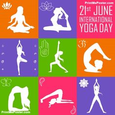 the international yoga day poster is shown in white and pink colors, with different silhouettes