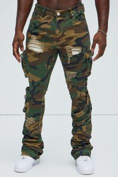 Available In Camouflage. Flared Fit Zip Fly 98% Cotton 2% Spandex Disclaimer: Due To The Specialized Distressing & Wash Process, Each Garment Is Unique. Camo Print Button Closure 5 Pocket Deatil Straps Detail Cargo Pockets Distressed Detail Imported | Mens Find Out Cargo Slim Flare Pants in Camouflage size 30 by Fashion Nova Camouflage Fashion, Camo Fashion, Camo Print, Flare Pants, Swim Shorts, Jeans Pants, Clothes For Sale, Everyday Essentials Products, Camouflage