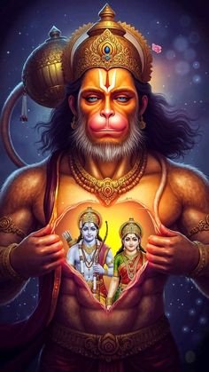 the hindu god is holding his heart with two other deities in front of him,