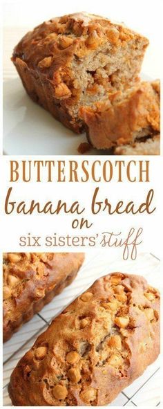 banana bread on a cooling rack with the text butterscotch banana bread six sisters stuff