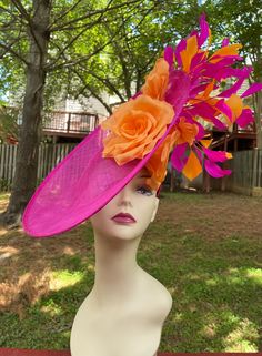 Hot Pink W Orange Sinamay Disc Fascinator Hat With Jumbo Silk | Etsy Handmade Pink Headpieces For Spring, Spring Celebration Hats With Adjustable Fit, Elegant Hats For Spring Celebration, Adjustable Hats For Spring Celebrations, Elegant Spring Celebration Hats, Handmade Fascinator With Curved Brim For Party, Handmade Fitted Fascinator For Kentucky Derby, Handmade Fitted Fascinator For Races, Fedora Fascinator For Garden Party And Royal Ascot