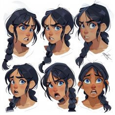 various facial expressions and hair styles for an animation character's head, from the animated avatar