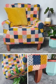 three photos of a couch and potted plant in different stages of being crocheted