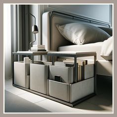 a bed with white sheets and pillows next to a metal side table filled with books