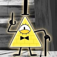 a yellow triangle with a black bow tie on it's head and an angry expression