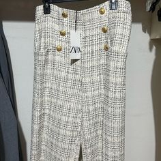 Brand New Zara Pants, Tweed With 6 Gold Buttons In Front. Classic, Elegant Look! Zara Leggings With Gold Buttons, Zara Culottes, Cell Phone Holster, Elegant Look, Phone Holster, Classic Elegant, Zara Pants, Walker Boots, Pajama Shirt