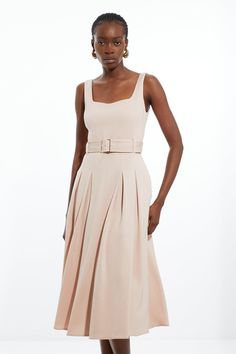 Feel Elegant In Our Midi Dress, Featuring A Universally Flattering Fit And Flare Silhouette, With A Classic, Pleated Skirt That Flares Gently, A Squared Neckline To Accentuate The Bust, And A Low Back. Style It With Block Heels Or Loafers For A Casual Approach, Then Strappy Stilettos For An Occasion Look. Italian Structured Rib Tailored Square Neck Belted Midi Dress Flattering Fit And Flare Silhouette Squared Neckline/Li> Cinched, Belted Waistline Flared, Pleated Skirt Low, V Back Design Zip Fas Fitted Beige Belted Summer Dress, Fitted Beige Belted Dress For Summer, Fitted Beige Belted Dress, Chic Belted Square Neck Dress, Chic Square Neck Belted Dress, Elegant Pleated Belted Dress For Summer, Beige Belted Midi Dress For Party, Fitted Pleated Belted Summer Dress, Fitted Pleated Belted Dress For Summer