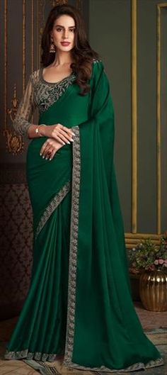 Green color Saree in Chiffon fabric with Resham, Sequence, Thread work Green Color Saree, Engagement Reception, Reception Lehenga, Wedding Green, Party Wear Saree, Wear Saree, Green Sequins, Reception Wedding, Satin Silk