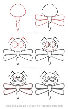 how to draw an adorable cartoon cat with four different eyes and wings, in the style of