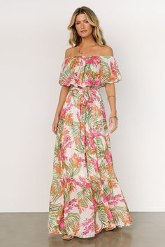 Baltic Born exclusive style
Green and pink tropical print
Flowing chiffon material
Off the shoulder style
Elastic at neckline
Bodice overlay
Elastic waistband with removable sash
Tiered maxi skirt
Partial skirt lining
100% Polyester
Skye is 5'9, cup size 32A, size 0 and wearing size S Tropical Wedding Mother Of The Bride Dress, Formal Tropical Dress, Hawaiian Dresses For Women Party, Tropical Dress Party, Tropical Bridesmaid Dress, Tropical Dress Outfit, Tropical Mermaid, Tropical Dresses, Beach Formal