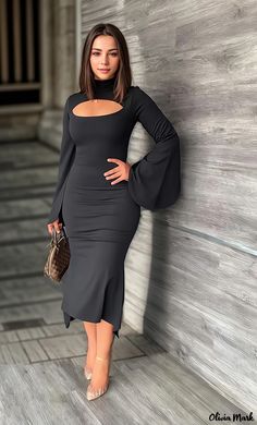 Olivia Mark - Elegant and Sensual Long-Sleeved Dress with Hollow Out Details, Mermaid Hem Dress With Ruffle Hem, Elegant Bodycon Dress, Basic Skirt, Professional Attire, Sleeve Bodycon Dress, Sleeved Dress, Long Sleeve Bodycon, Long Sleeve Bodycon Dress, Basic Outfits